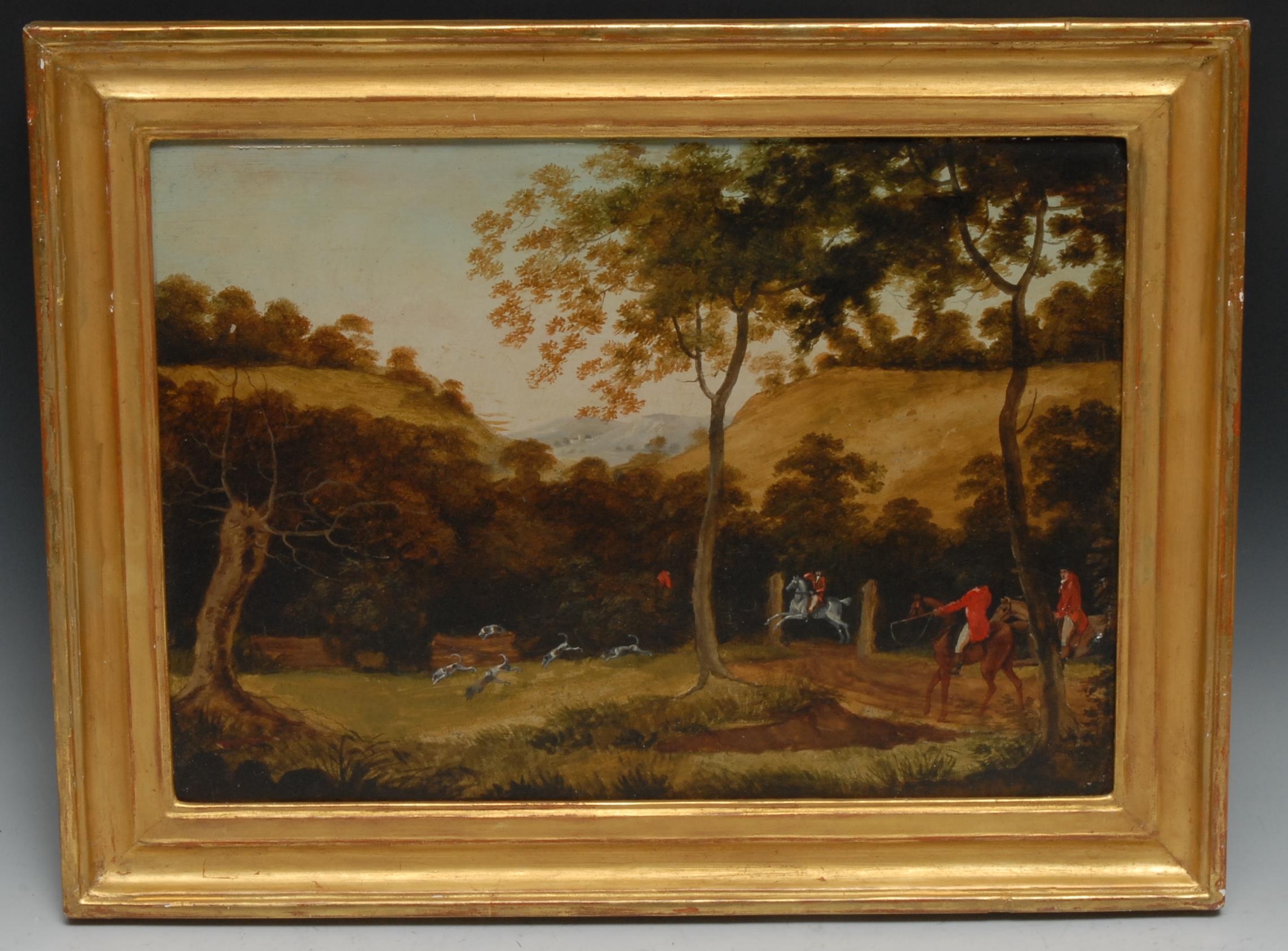 English School (19th century) A set of three, Hunting Scenes oil on metal panel, 26.5cm x 38cm - Image 4 of 9