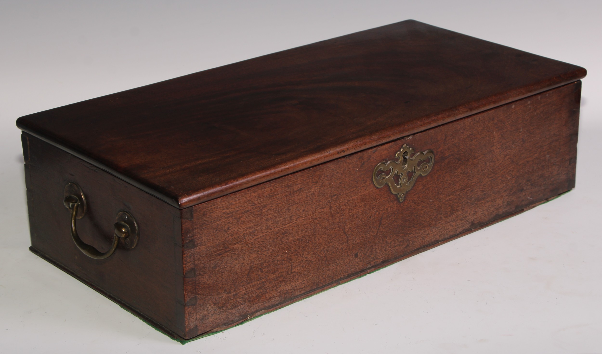 A George III mahogany rectangular document box, hinged cover, brass swan neck carrying handles and - Image 2 of 3