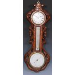A Victorian oak combination wall timepiece, barometer and thermometer, 9cm clock dial inscribed with