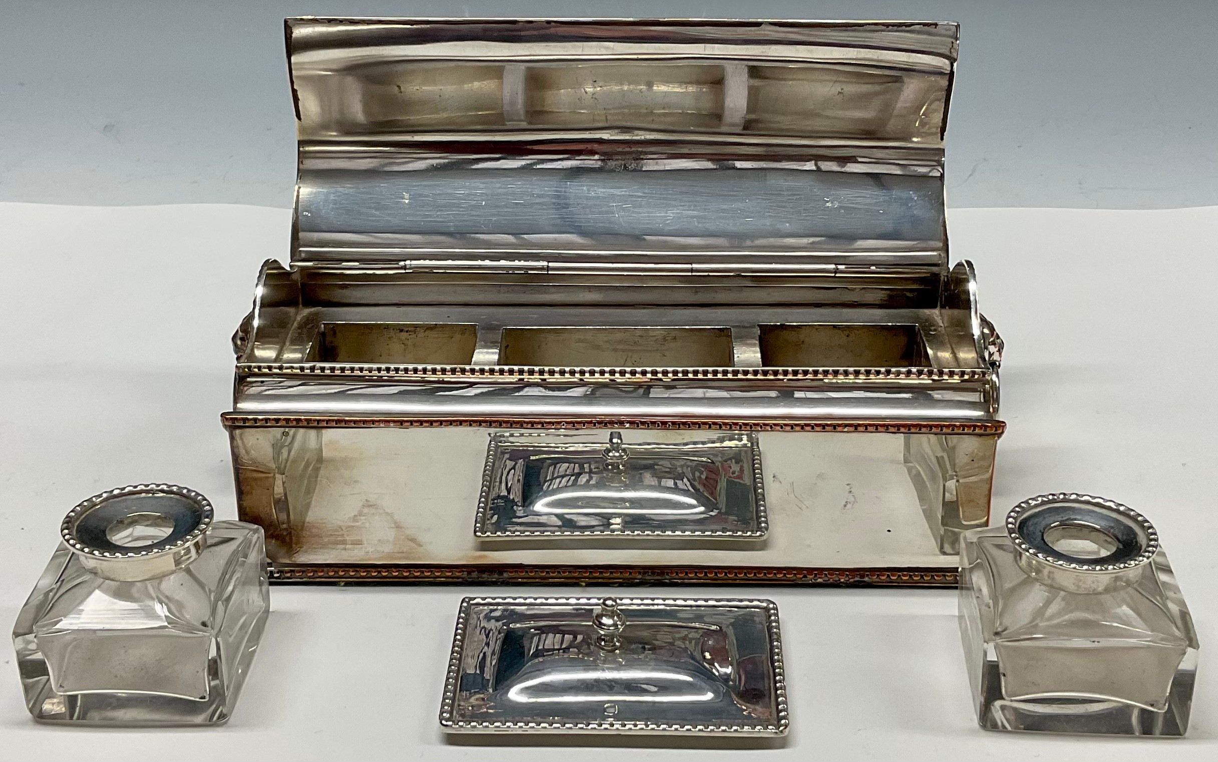 A George III Old Sheffield Plate treasury inkstand, hinged serpentine cover with urnular finial, - Image 3 of 7