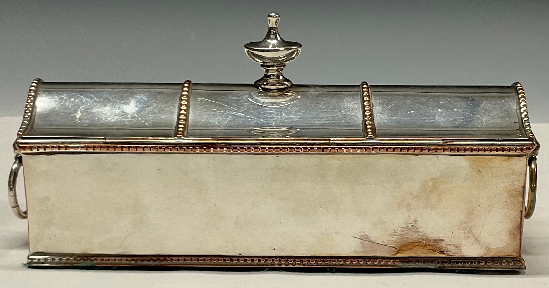 A George III Old Sheffield Plate treasury inkstand, hinged serpentine cover with urnular finial, - Image 5 of 7