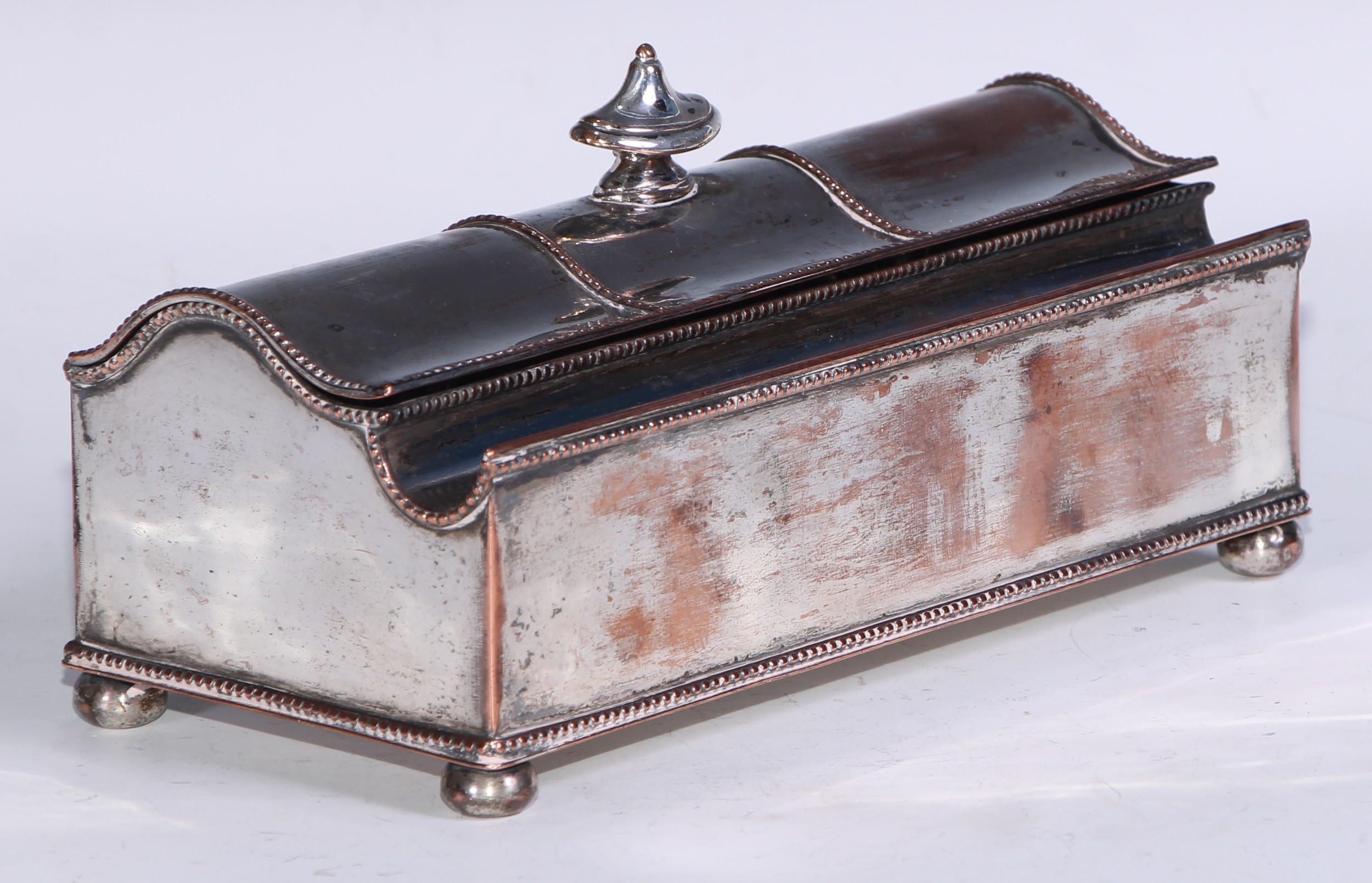 A George III Old Sheffield Plate treasury inkstand, hinged serpentine cover with Neo-Classical urn - Image 2 of 6