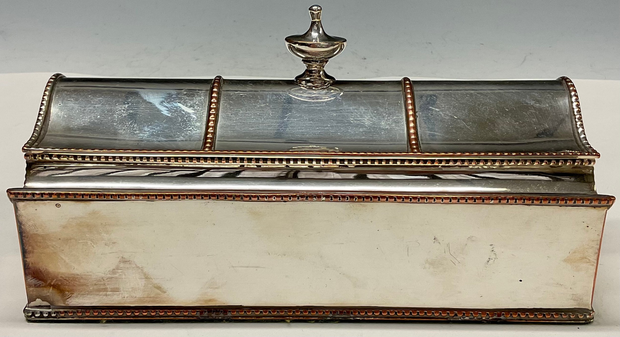 A George III Old Sheffield Plate treasury inkstand, hinged serpentine cover with urnular finial, - Image 2 of 7