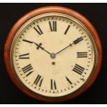 A Victorian mahogany circular wall timepiece, 29cm enamel clock dial inscribed with Roman