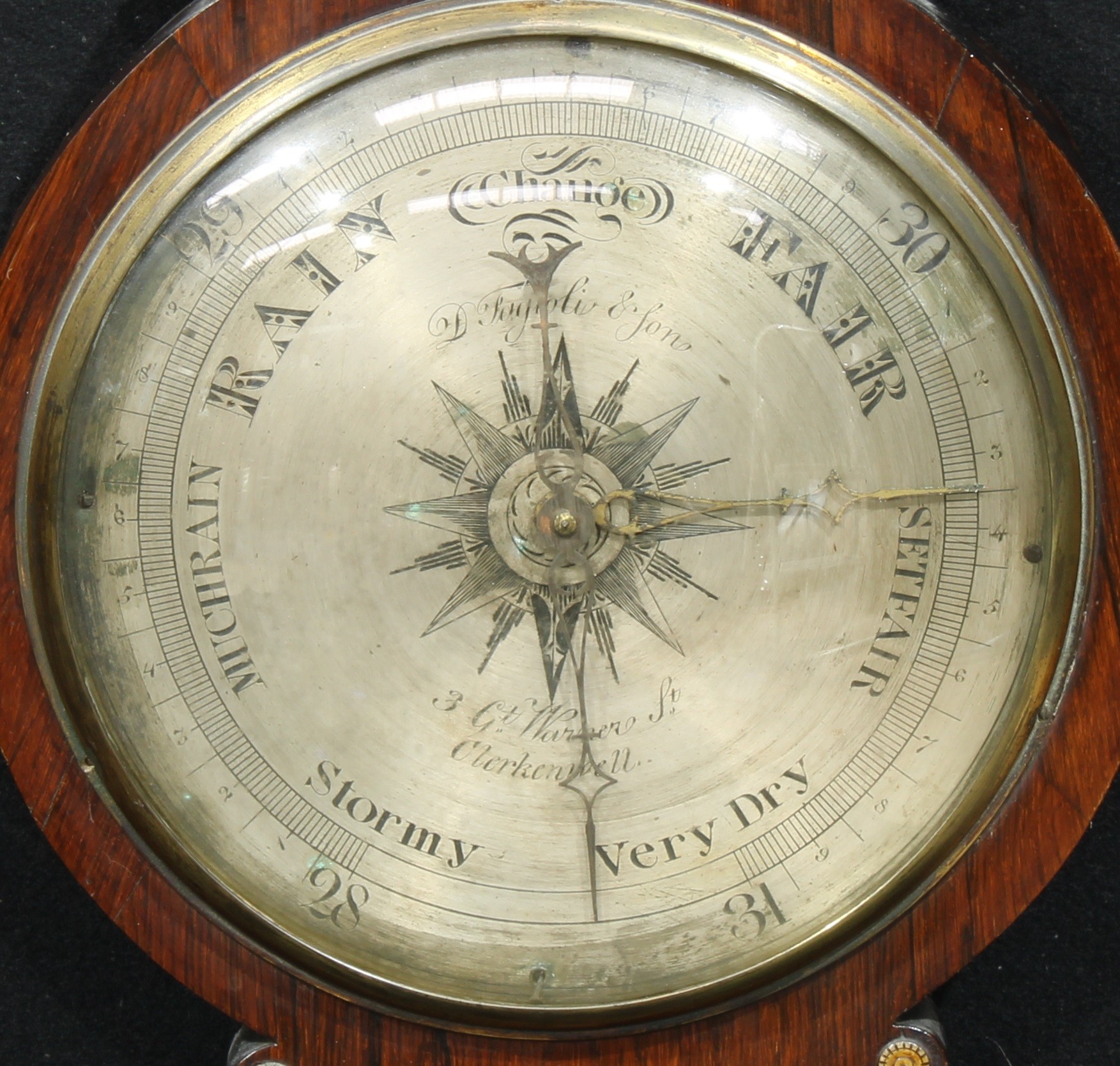 An early Victorian rosewood wheel barometer, 25cm circular silvered register inscribed D. - Image 2 of 2