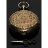 An 18ct gold hunter pocket watch, the case engraved to either cover with a lion mask fountain, white