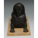 French School (19th century), a dark patinated bronze, of a sphinx, rectangular marble base, 26cm