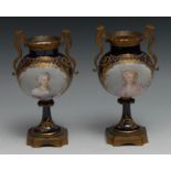 A pair of gilt metal mounted Continental porcelain vases, each painted in the manner of Sevres