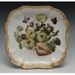 A Derby shaped square dessert dish, painted by William Quaker Pegg, with Violets, with formal gilt