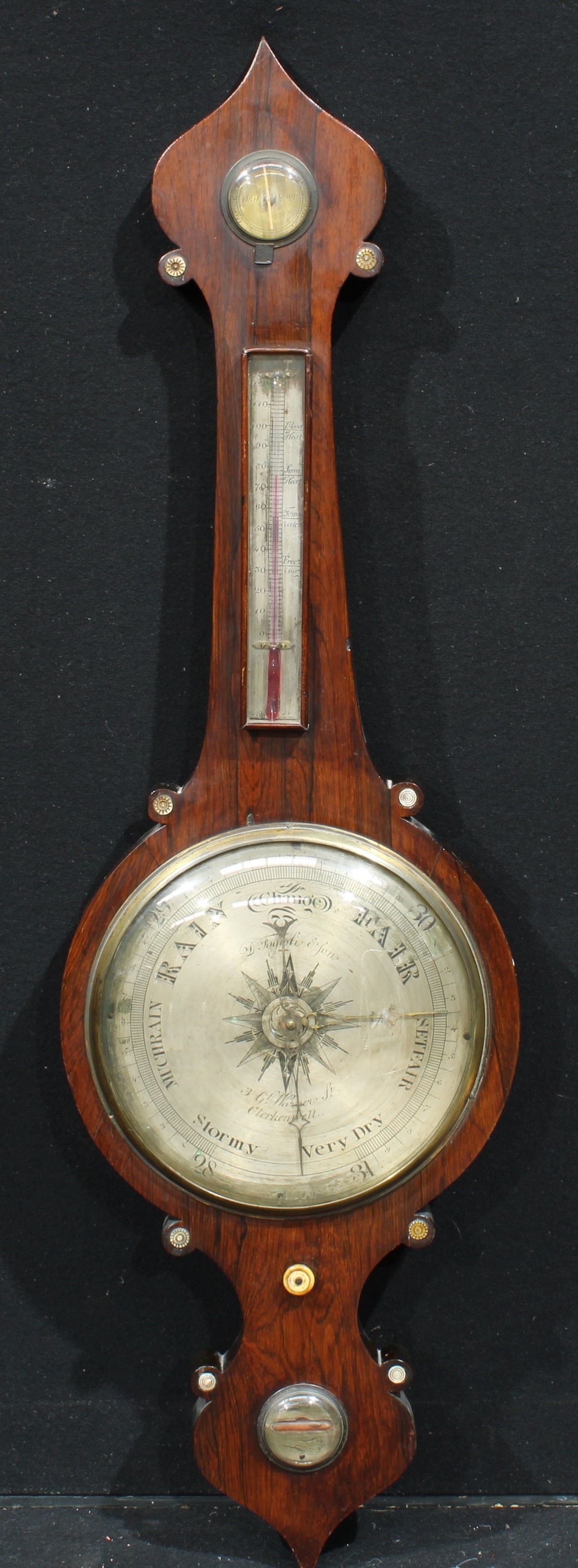 An early Victorian rosewood wheel barometer, 25cm circular silvered register inscribed D.
