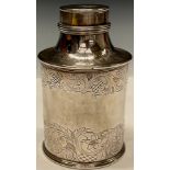 A George III Old Sheffield Plate cylindrical tea caddy, flat-chased with leafy scrolls and