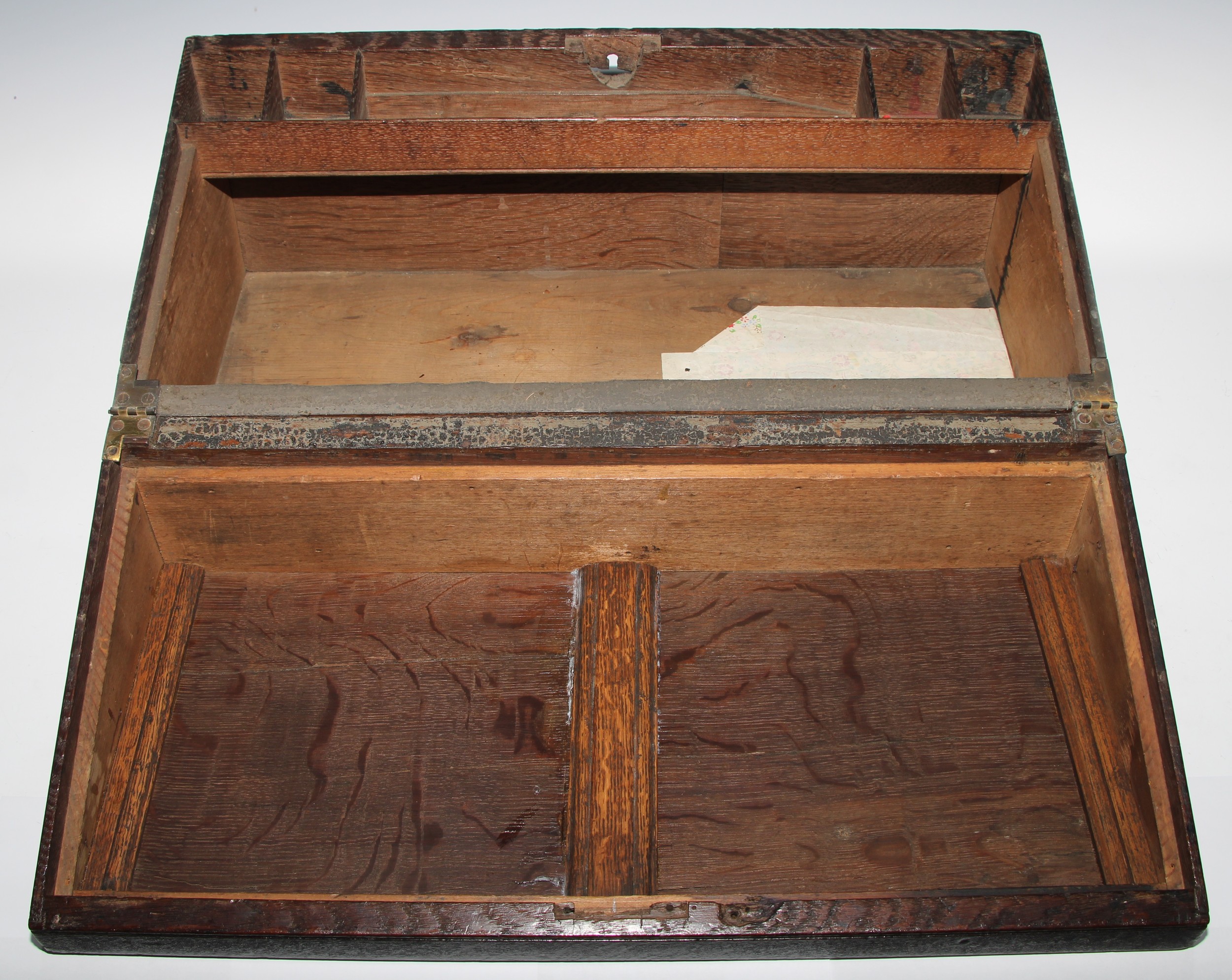 A large 19th century oak writing box, incorporating earlier panels, hinged cover inlaid in holly and - Image 4 of 4