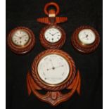 A late Victorian/Edwardian wall hanging combination aneroid barometer and timepiece, of maritime