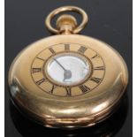 An 18ct gold half-hunter pocket watch, 4cm enamel dial inscribed J W Benson, keyless movement, 7cm