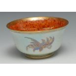 A Wedgwood Fairyland lustre flared circular bowl, the interior with butterfly on a mottled orange