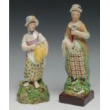 A Staffordshire Pearlware figure, of a lady holding a bundle of corn and a scythe, shaped oval base,