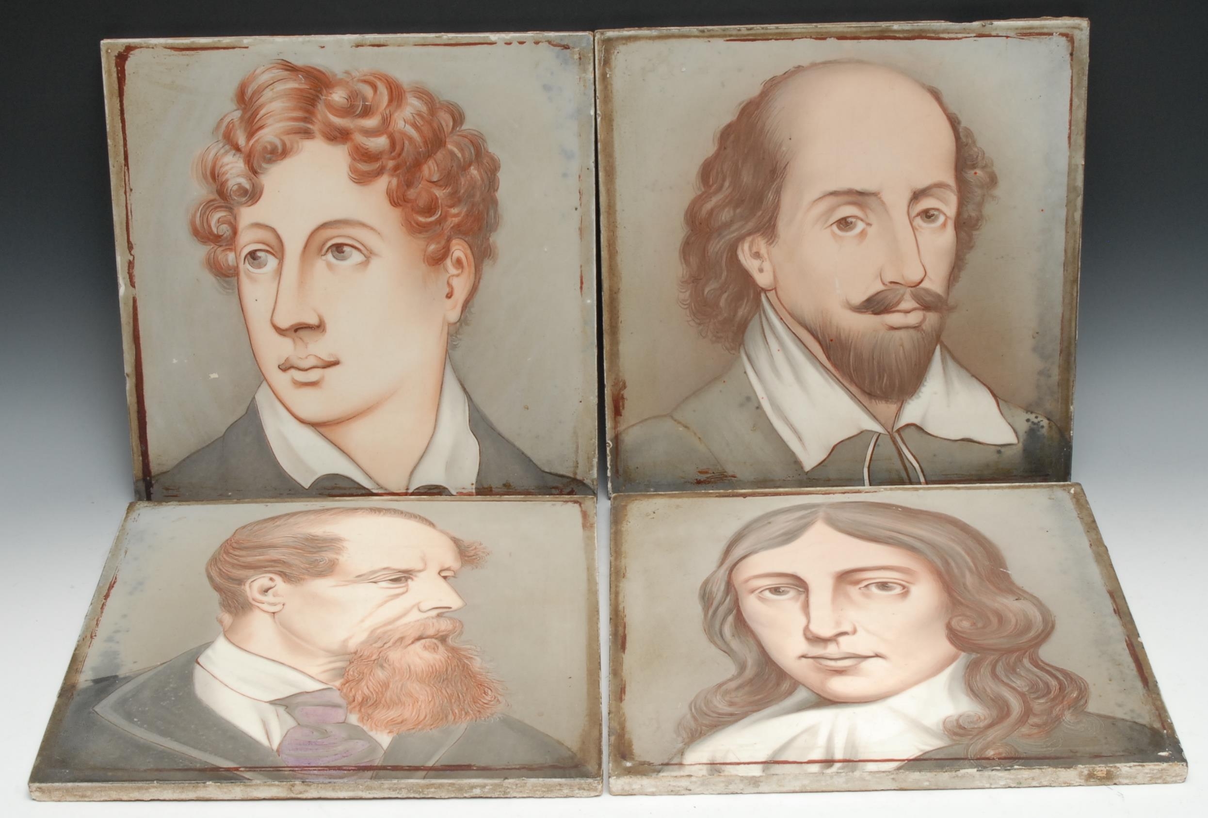 A set of four large Minton, Hollins & Co Aesthetic Movement tiles, painted with literary