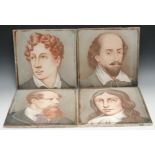 A set of four large Minton, Hollins & Co Aesthetic Movement tiles, painted with literary