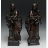 French School (19th century), a pair of brown patinated bronzes, Allegorical Muses, 36.5cm high