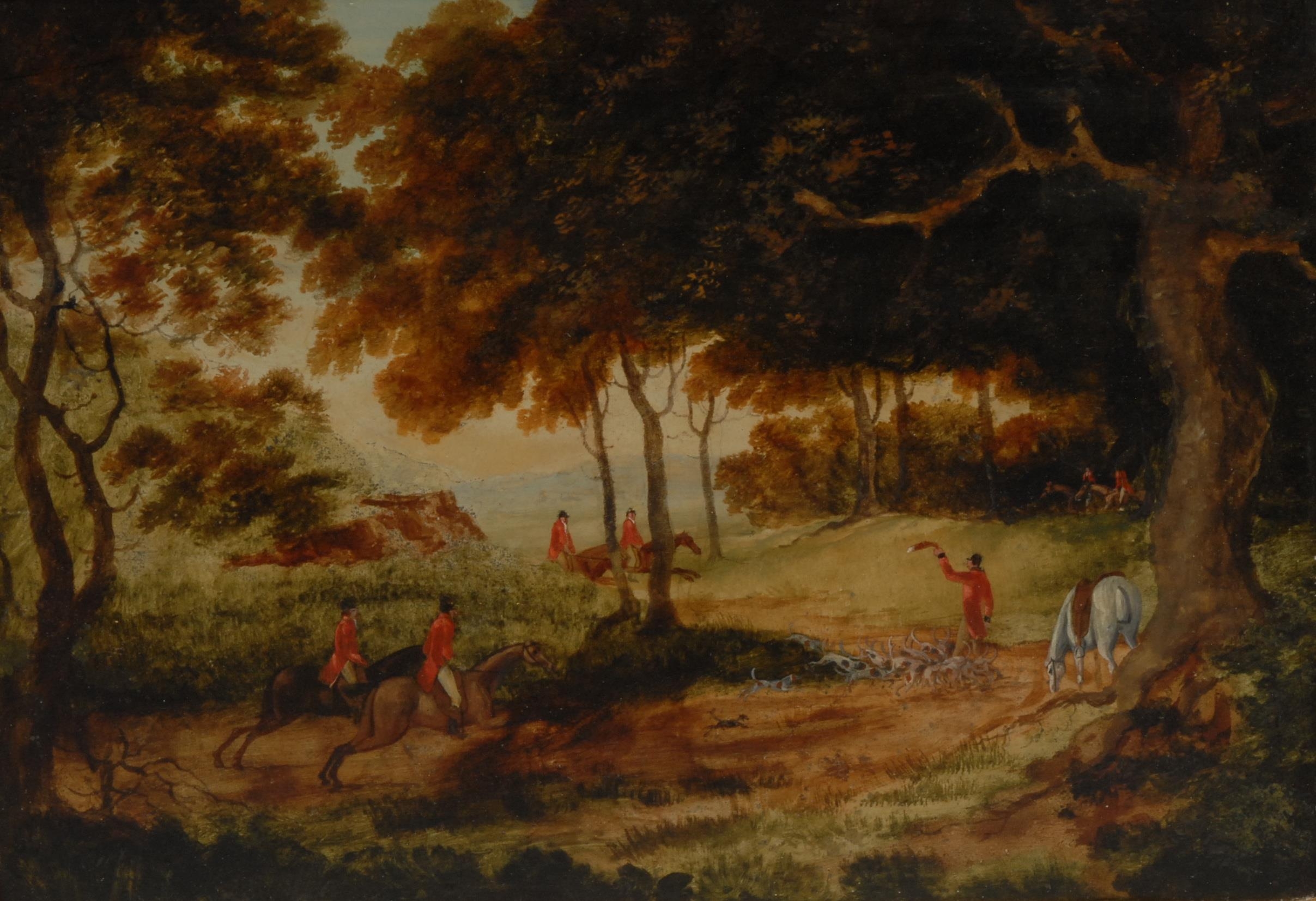 English School (19th century) A set of three, Hunting Scenes oil on metal panel, 26.5cm x 38cm - Image 2 of 9
