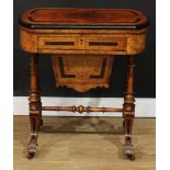 A Victorian walnut and parcel-ebonised combination games and work table, hinged quarter-veneered top