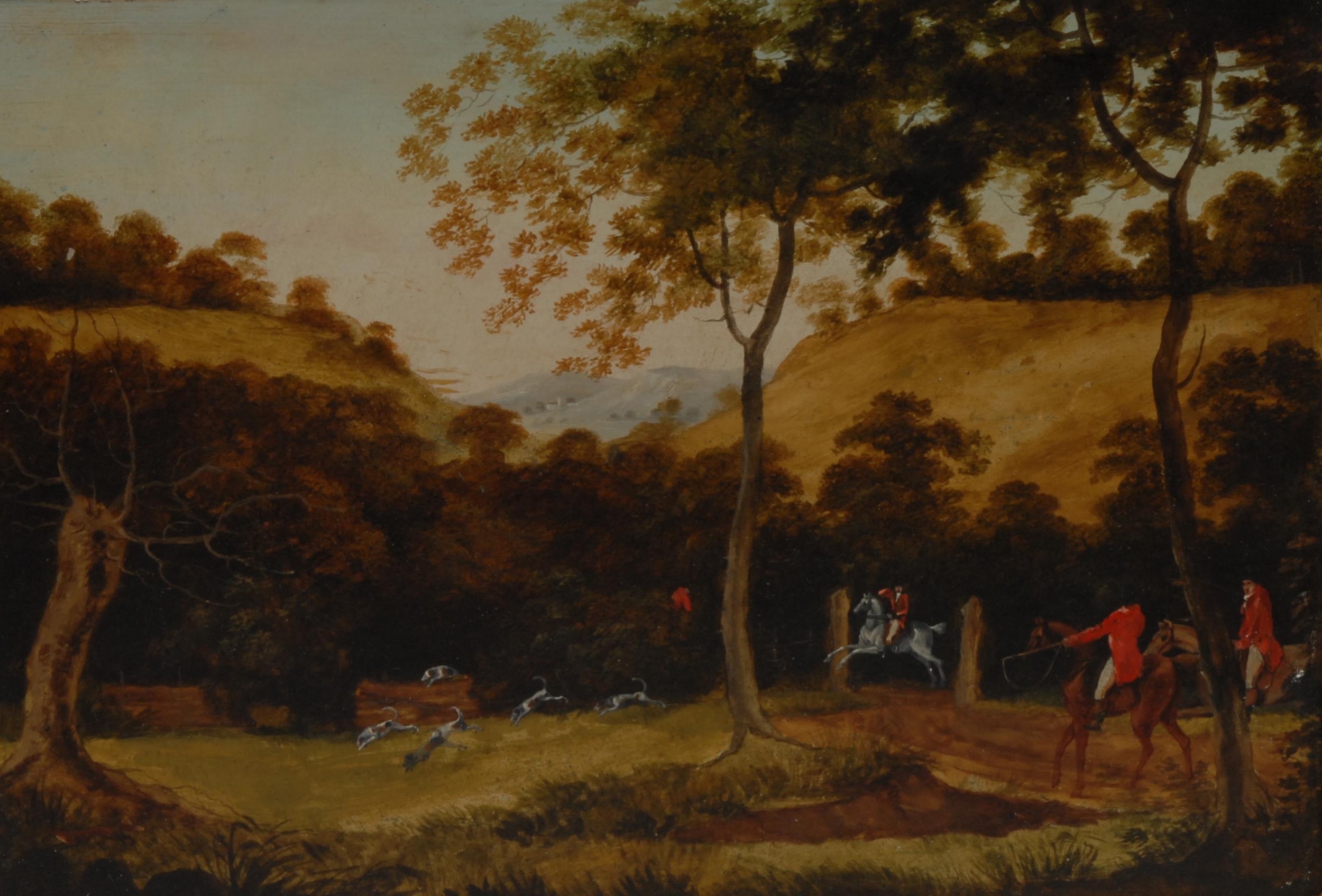 English School (19th century) A set of three, Hunting Scenes oil on metal panel, 26.5cm x 38cm - Image 5 of 9