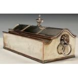 A George III Old Sheffield Plate treasury inkstand, hinged serpentine cover with urnular finial,
