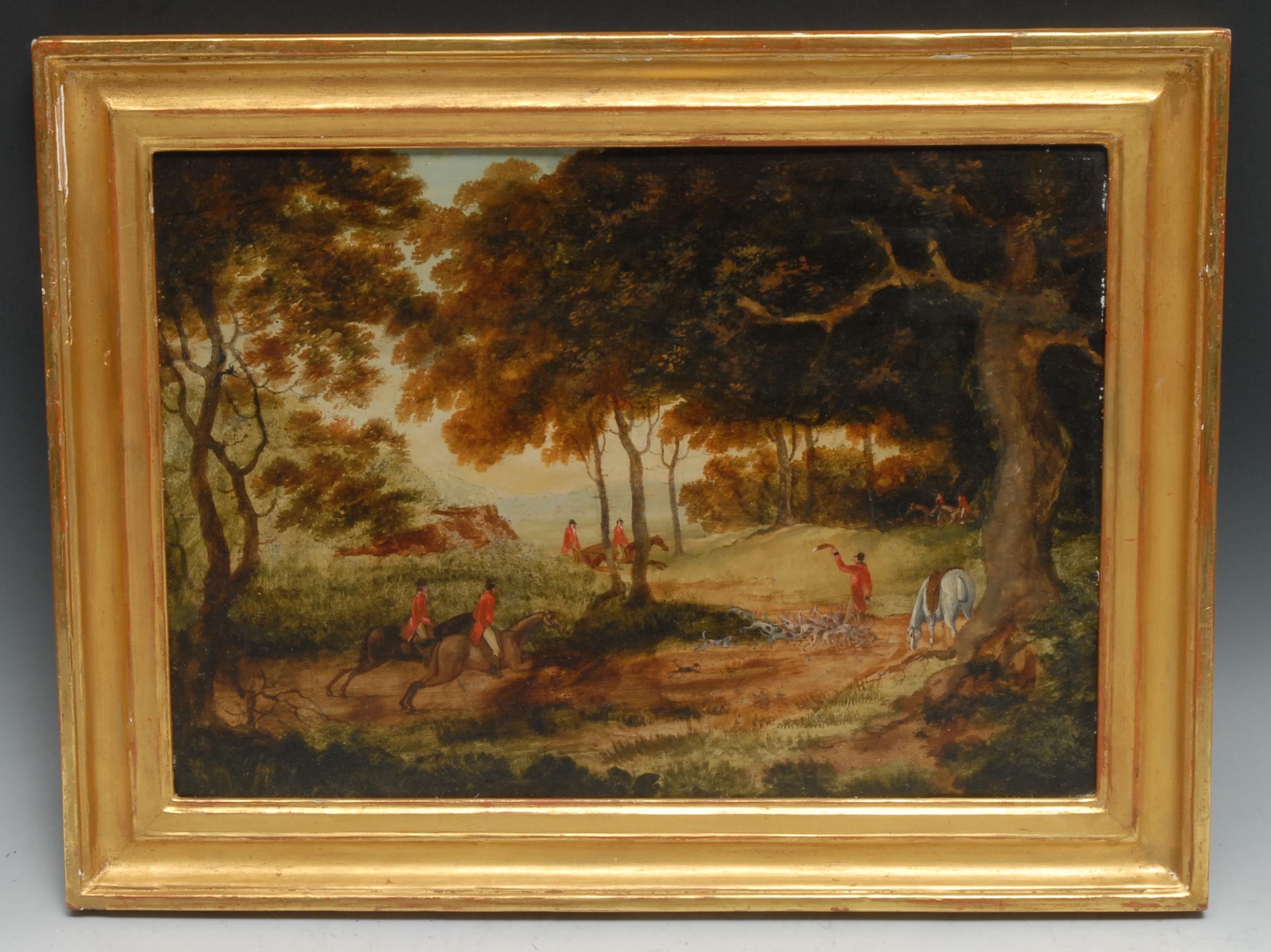 English School (19th century) A set of three, Hunting Scenes oil on metal panel, 26.5cm x 38cm