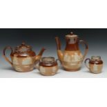 A Royal Doulton silver mounted brown and buff salt glazed stoneware three piece tea service,