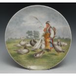 A Minton Aesthetic Movement circular plaque, A Goose Herd in Hungary, K E Richardson, after a