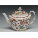 A Flight and Barr Worcester boat shaped teapot, decorated with kakiemon palette in colourful