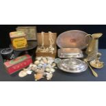 An E.P.N.S. oval entrée dish; another; a gallery tray; brass candlestick; Nelson's Gelatine Lozenges