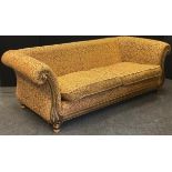 A large scroll arm three seater sofa, 86cm high, 250cm wide, 110cm deep