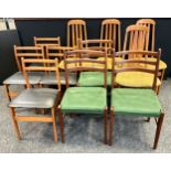 A set of four 1960s G plan style bar back dining chairs, unmarked; others sets of four and three,