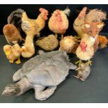 A naturalistically modelled pottery Turtle, 34cm x 18cm; straw fox; hens etc