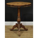 An Italian Sorrento style walnut and marquetry occasional table, shaped oval tilting top inlaid with
