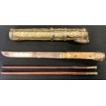 A Japanese travelling set, pair of chopstick and knife, embossed sheath, decorated with