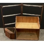 A Victorian pine wall hanging kitchen shelf, 60cm high, 86cm wide; a clothes horse; a 19th century