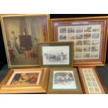 Ten Players Cricketer Caricatures 1926, framed; Players cards Hunting, framed; a tapestry after