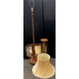 An oak barley twist column standard lamp, 150cm high; turned pine jardinière stand, 70cm high,