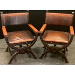 A pair of Italian Renaissance Revival Dantesca or Savonarola X-frame chairs, stuffed-over upholstery