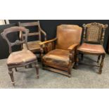 A 19th century oak and elm bar back elbow chair; Victorian carved mahogany dining chair; Bergere