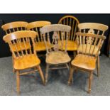 A set of three pine dining chairs, turned backs, others spindle back etc (7)