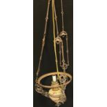 A 19th century Dutch light fitting, pottery reservoir, metal fittings, adjustable height fittings