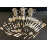 Kings Pattern flatware; a pair of grape shears; Victorian sifter spoon; mugs and a tankard