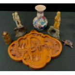 A near pair of Chinese soapstone figures, carved stone bases; Tibetan prayer box; Japanese