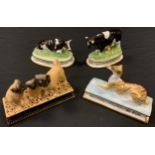 Michael J Sutty porcelain animals- Bull Standing, Recumbent Cow, seated whippet, family of three