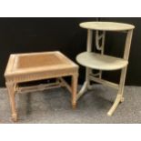 A Shabby Chic two tier folding whatnot, painted in grey, 73cm high; a French bergere stool, fluted