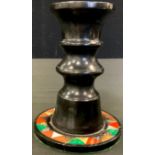 An Ashford marble candlestick, the base inlaid in chevrons with coloured stones, 14cm high, c.1870