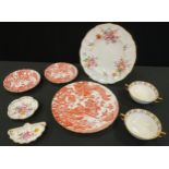A Royal Crown Derby Posies pattern dinner plate; another, Red Aves; two Heraldic soup bowls;